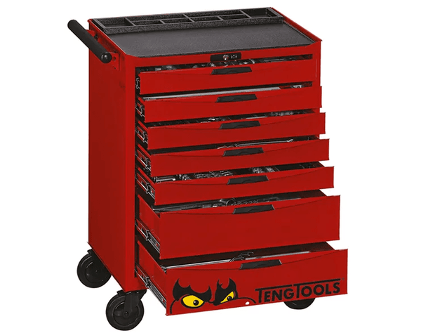 TENG 491PCE 26" 7 DRAWER ROLL CABINET MECHANIC'S TOOL KIT, METRIC, PS TRAYS, RED