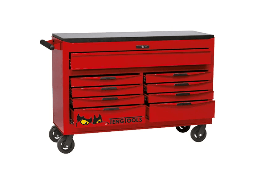 TENG 569PCE 53" 9 DRAWER ROLL CABINET TOOL KIT, METRIC & IMPERIAL, PS TRAYS, RED
