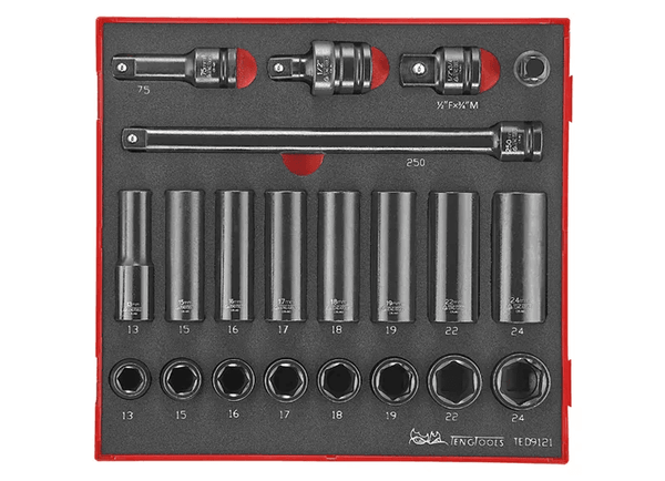 TENG 21PCE 1/2" DR. METRIC IMP. SOCKET & ACC. SET - TED-TRAY