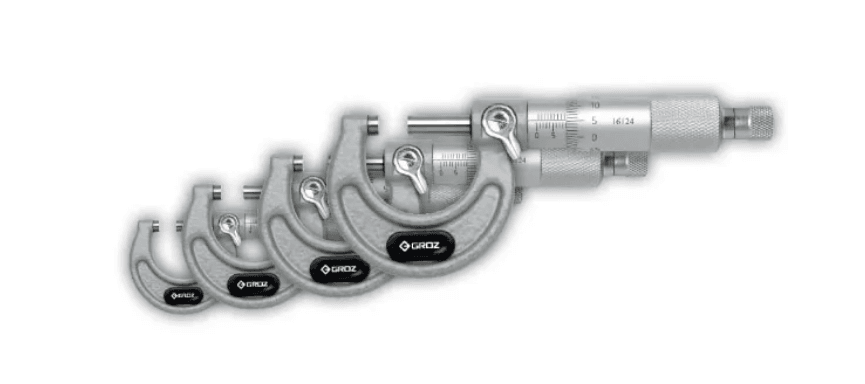MM/0-100/ST4 GROZ OUTSIDE MICROMETER SET, 4 PIECE, 0 -100MM, 0.01MM, RATCHET STOP, PAINTED FRAME