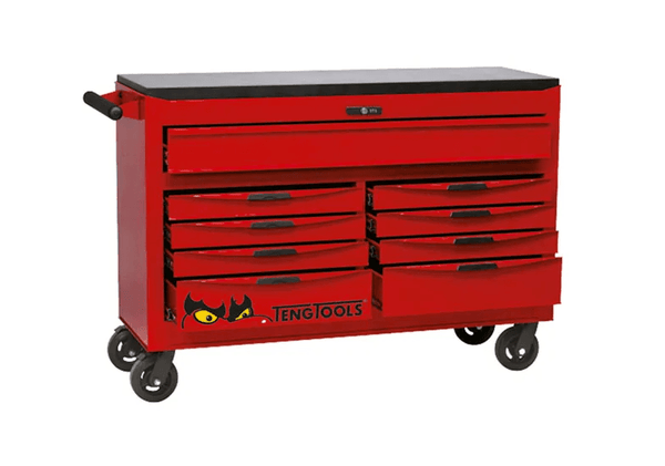 TENG 408PCE 53" 9 DRAWER ROLL CABINET TOOL KIT, METRIC & IMPERIAL, EVA TRAYS, RED