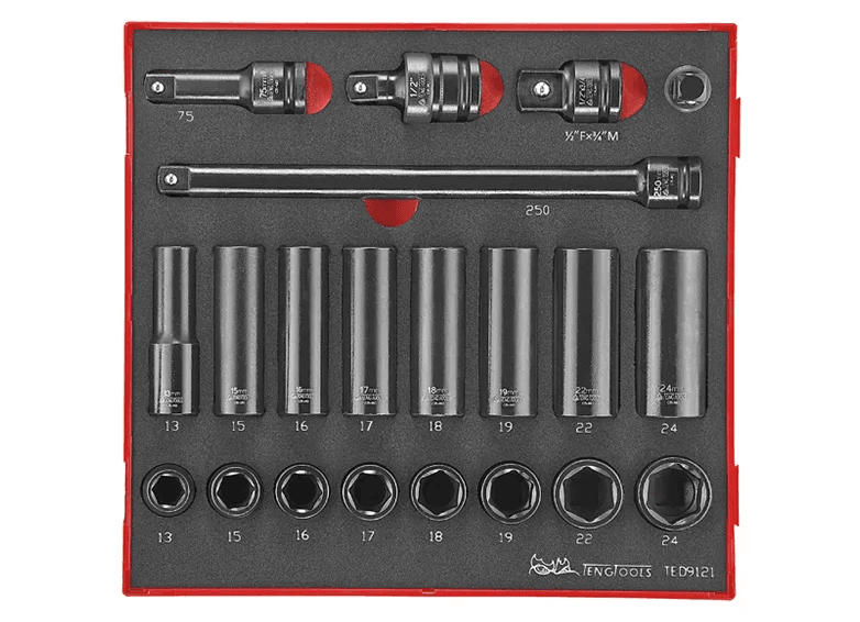 TENG 21PCE 1/2" DR. METRIC IMP. SOCKET & ACC. SET - TED-TRAY